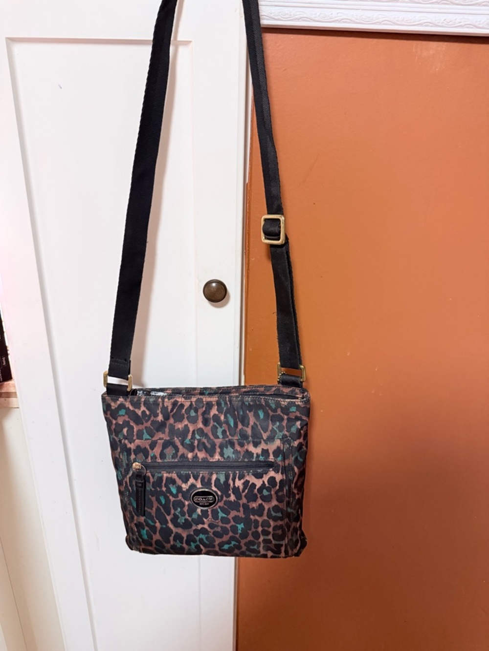 Coach Brown & Teal Leopard‑Print Crossbody – Front Zip Pocket, Adjustable Strap